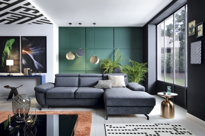 Minkštas kampas L formos Nr199 pilkas su miego funkcija ir dėže